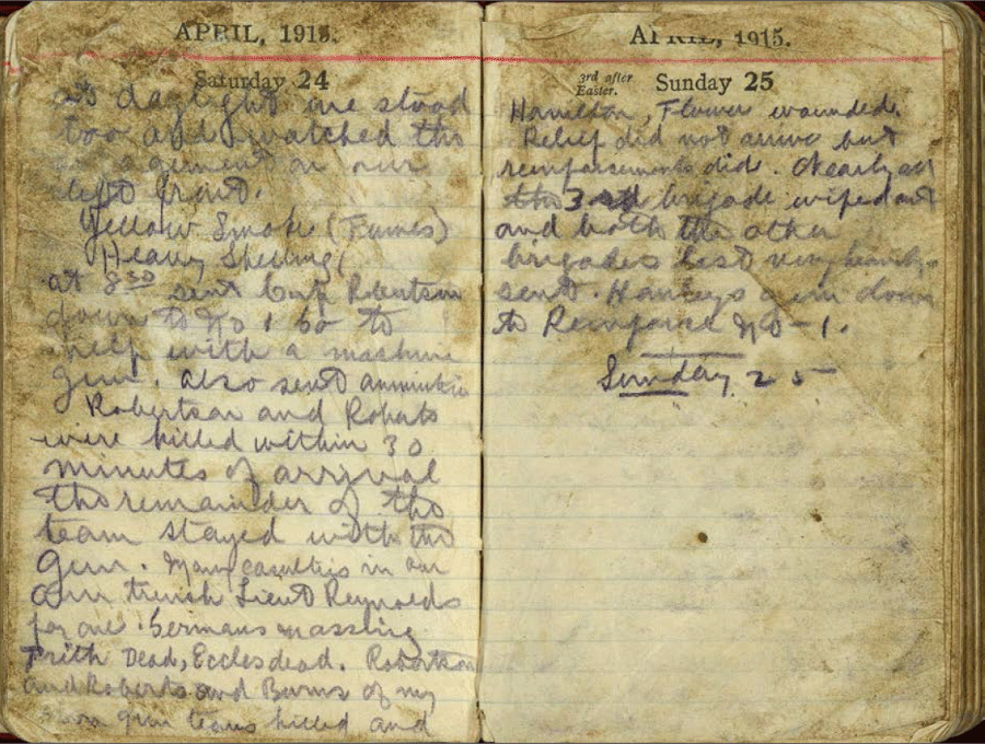 W.A. Alldritt April 24-25, 1915 diary pages