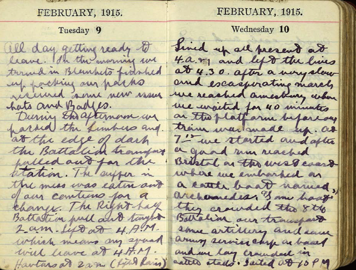 W.A. Alldritt's diary entries from Feb 9, 1915 and Feb 10, 1915